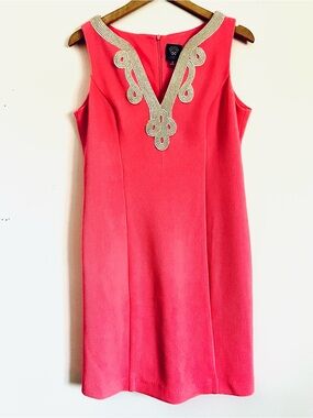 Vince Camuto Neon Pink Coral Gold Embroidered Mini Dress Size 8 EUC Summer